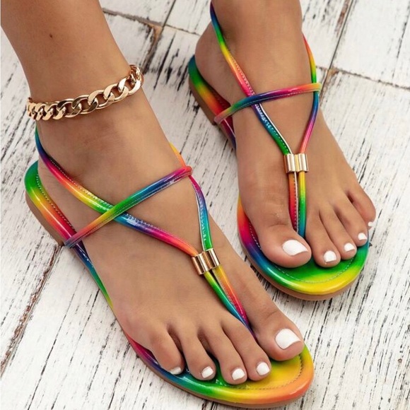 NWOB Shein Womens Rainbow Strappy Summer Flat Slingback Sandal Size 9 - Picture 1 of 9